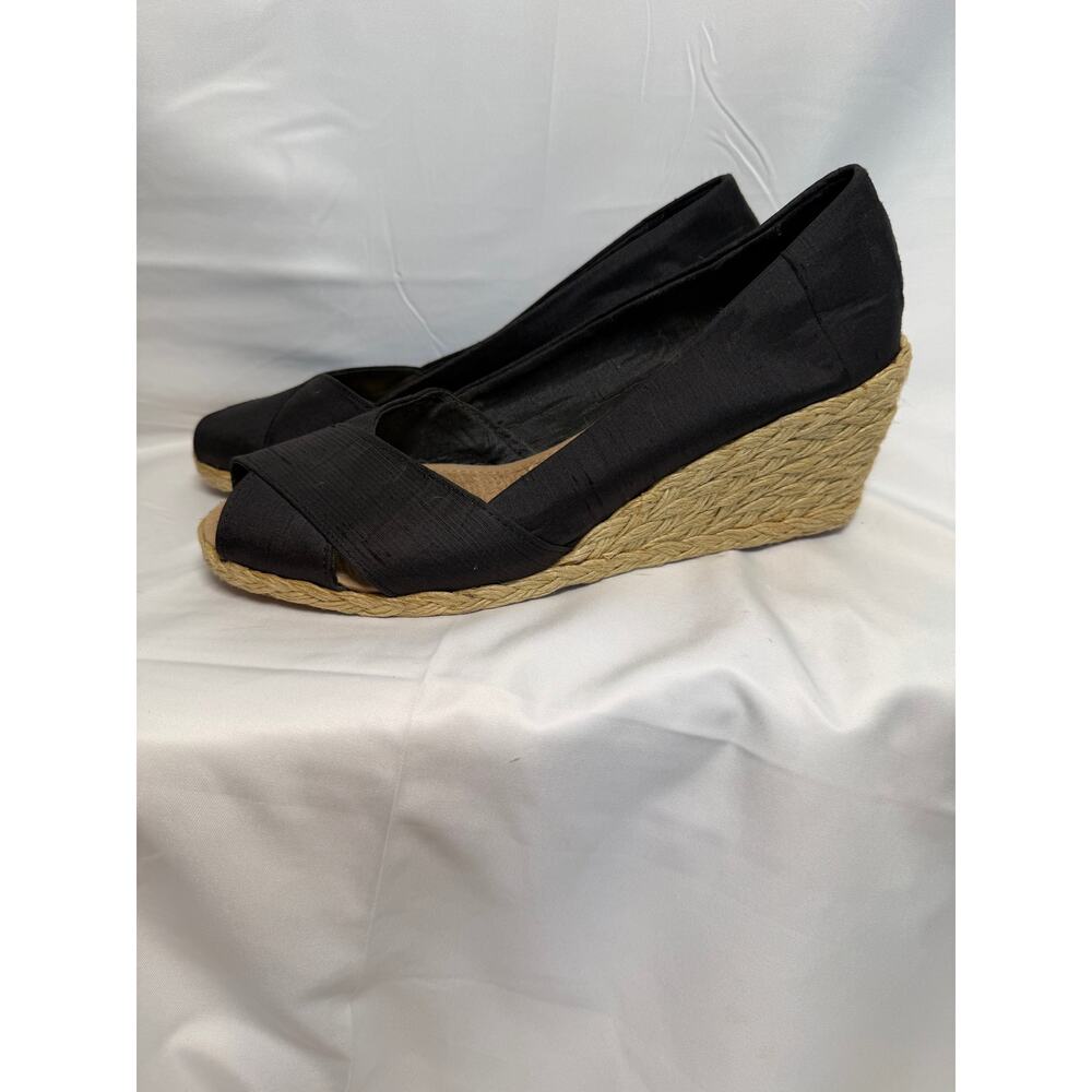 Lauren Ralph Lauren Cecilia Espadrille Wedge Sandals Shantung Black Peep Toe 8.5 - Picture 2 of 6